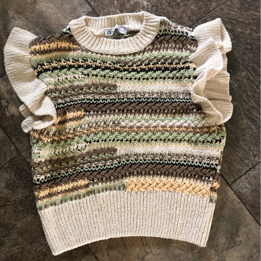 Zara Earthy Knit Tank Top with Ruffle Sleeves